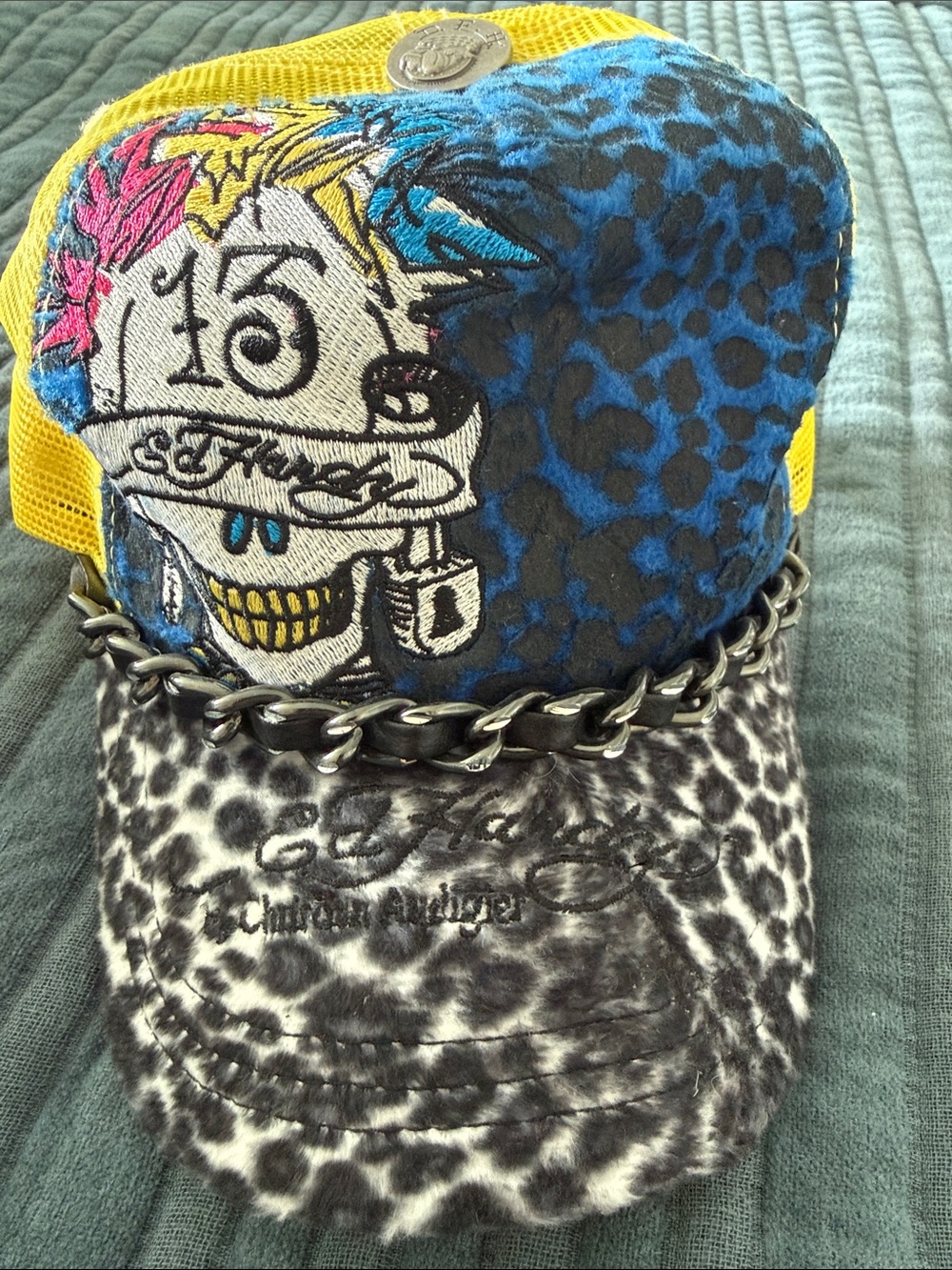 Ed Hardy Colorblock Skull Trucker Hat — Yellow, Blue, Pink & Black Velours cap